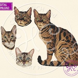 Peut inclure: Motif de broderie numérique téléchargeable représentant un chat du Bengale assis, avec quatre autres motifs de têtes de chat. Le chat a des marques marron et noires, des yeux verts et le texte "TÉLÉCHARGEMENT NUMÉRIQUE" dans un rectangle violet.