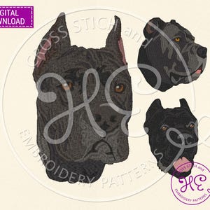 May include: Digital cross stitch embroidery pattern featuring three detailed black dog head portraits. The design includes the text "DIGITAL DOWNLOAD" and "CROSS STICH and EMBROIDERY PATTERNS". The dog portraits are in various angles.