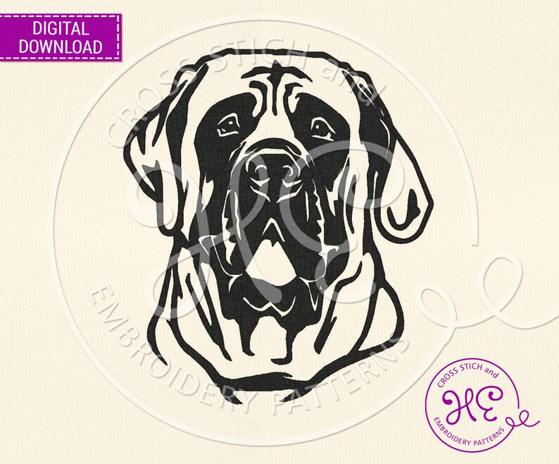 May include: Black and white silhouette of a Mastiff dog's head. The dog is looking directly at the viewer with a serious expression.