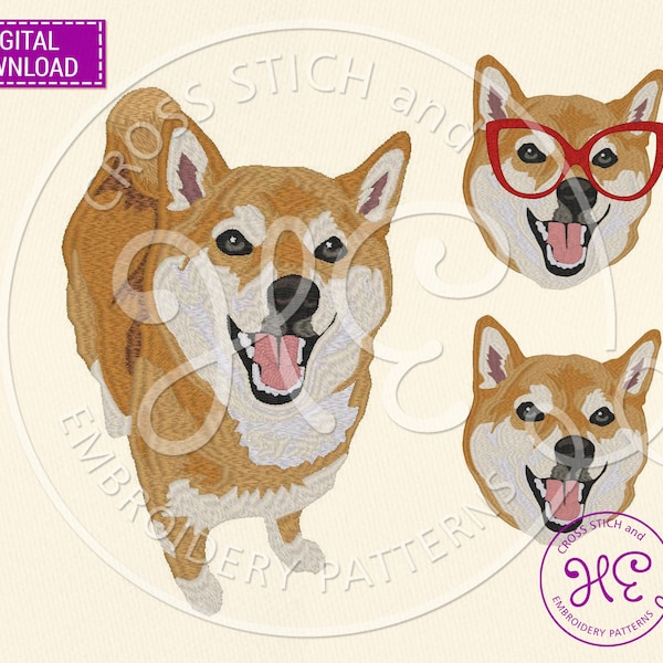 Shiba Inu Dog Embroidery Design, Pattern For Machine, Download, Akita Inu Glasses, Colorful, Dog Body Design, Animal Pet Face, Dog Breed