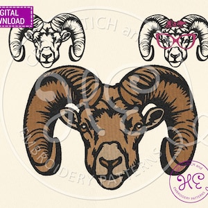 May include: Digital download of three ram head designs. One is a black and white outline, another has a pink bow and glasses, and the third is brown and black. The text "DIGITAL DOWNLOAD" is in a purple rectangle.