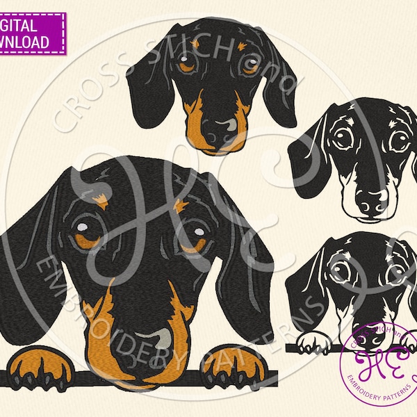 Dachshund Dog Embroidery Designs, Machine Embroidery Pattern, Download, Pet Portrait Embroidery, Cute Pet Peeking Face, Colorful, Dog Breed