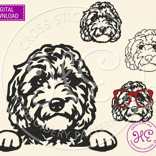 Labradoodle Dog Embroidery Designs, Machine Embroidery Pattern, Download, Cute Doodle Peaking, Dog Glasses Face Scheme, Pet Dst Jef Exp File