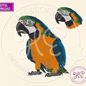 May include: A blue and green macaw with orange feathers, standing on a white background. The bird is looking to the left. The image is a digital download for embroidery.