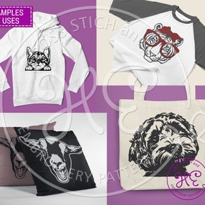 K&ouml;nnte beinhalten: Beispiele f&uuml;r die Verwendung von Stickmustern. Ein wei&szlig;er Hoodie mit einem schwarzen Katzenmotiv, ein wei&szlig;es und graues Raglan-T-Shirt mit einem schwarzen und wei&szlig;en Tigermotiv, eine wei&szlig;e Einkaufstasche mit einem schwarzen und wei&szlig;en Hundemotiv und zwei schwarze und wei&szlig;e Kissenbez&uuml;ge mit einem Ziegenmotiv.