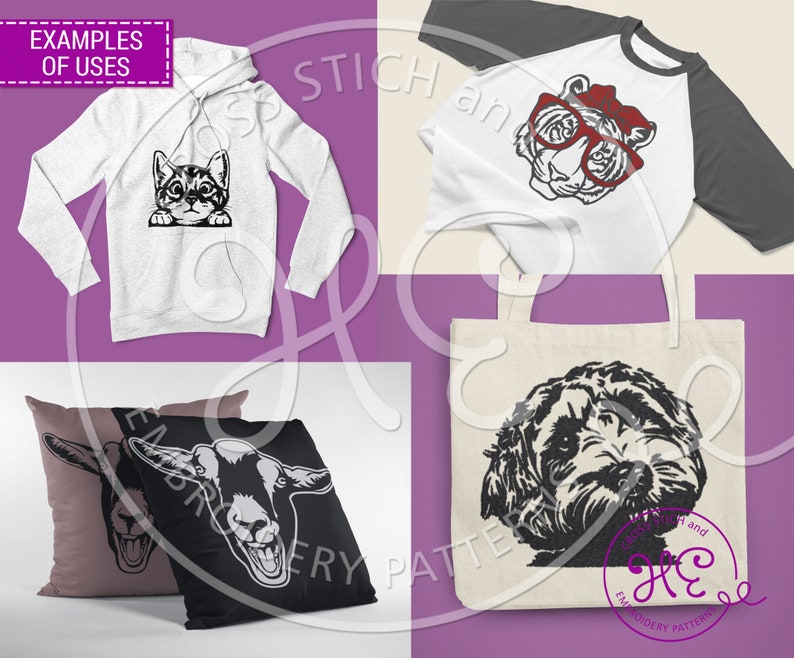 K&ouml;nnte beinhalten: Beispiele f&uuml;r die Verwendung von Stickmustern. Ein wei&szlig;er Hoodie mit einem schwarzen Katzenmotiv, ein wei&szlig;es und graues Raglan-T-Shirt mit einem schwarzen und wei&szlig;en Tigermotiv, eine wei&szlig;e Einkaufstasche mit einem schwarzen und wei&szlig;en Hundemotiv und zwei schwarze und wei&szlig;e Kissenbez&uuml;ge mit einem Ziegenmotiv.
