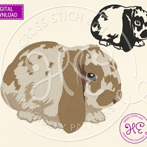 May include: A cross stitch embroidery pattern of a brown and white lop-eared rabbit. The rabbit is looking to the right. The pattern is in a circle with the words "Cross Stitch and Embroidery Patterns" around the outside.