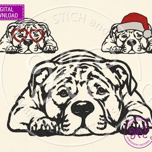 May include: Three black and white illustrations of a bulldog. One bulldog is wearing heart-shaped sunglasses, another is wearing a red Santa hat, and the third bulldog is lying down with its head resting on its paws.
