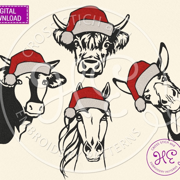 Christmas Farm Animal Embroidery Design, Machine Embroidery Pattern, Download, Cute Highland Cow Esel Horse Face Scheme, Farmhous Santa Hat