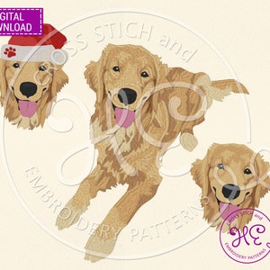 Pode incluir: Três imagens bordadas de um cão golden retriever. Uma imagem mostra o cão usando um chapéu de Papai Noel vermelho com uma pegada de pata. As outras duas imagens mostram o cão em poses diferentes.