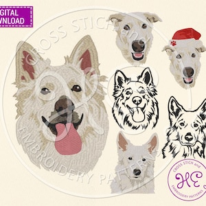 Puede incluir: Patrones de bordado de descarga digital con retratos de perros pastor alemán blanco. Los diseños incluyen versiones realistas y estilizadas detalladas, una con un gorro de Papá Noel. La imagen incluye el texto "Cross Stitch and Embroidery Patterns".