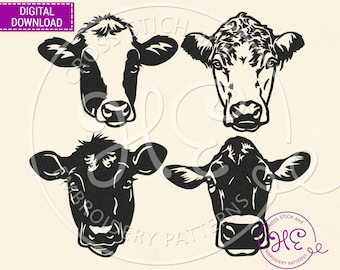 Desenho de Bordado de Cabeça de Vaca, Padrão para Máquina, Download, Hereford, Jersey, Black Angus, Holstein, Novilha, Fazenda, Rosto de Animal de Fazenda