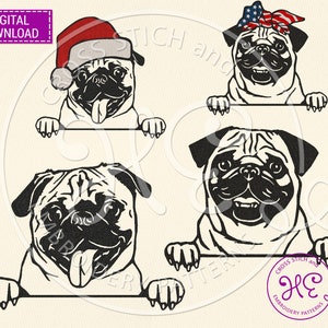 May include: Four black and white embroidery designs of pugs peeking over a surface. One pug is wearing a Santa hat, another is wearing a red, white, and blue bandana, and two pugs are without accessories.