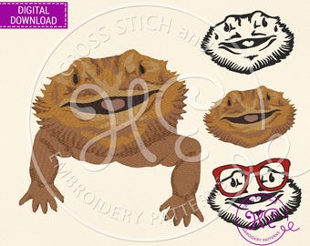 Bearded Dragon Embroidery Designs, Pattern For Machine, Download, Cute Pogona Vitticeps, Reptile Face, Pet Lizard Art, Exotic Reptile Design