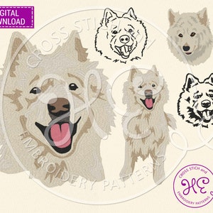 May include: Embroidery pattern design of a white dog with a pink tongue sticking out. The dog is shown in four different poses, including a full body view, a close-up of the face, and two different headshots. The design is ideal for creating a unique and personalised embroidery project.