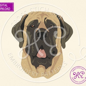 May include: Cross stitch embroidery pattern of a brown and black English Mastiff dog's head. The dog has a pink tongue sticking out.