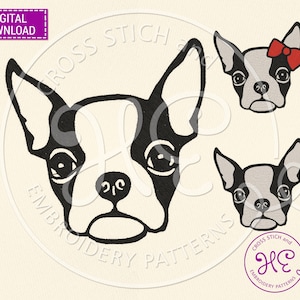 Boston Terrier Dog Embroidery Pattern, Machine Embroidery Designs, Download Cute Pet Face Scheme, Pes Dst, Animal Art, Breed, Bernina Tajima