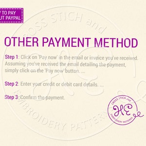 K&ouml;nnte beinhalten: Eine violette Textgrafik auf wei&szlig;em Hintergrund mit dem Titel "Andere Zahlungsmethode". Der Text darunter erkl&auml;rt, wie man eine Bestellung ohne Verwendung von PayPal bezahlt. Die Schritte umfassen das Klicken auf den Button "Jetzt bezahlen", die Eingabe der Kredit- oder Debitkartendetails und die Best&auml;tigung der Zahlung.