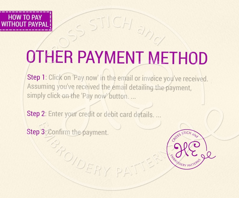 K&ouml;nnte beinhalten: Eine violette Textgrafik auf wei&szlig;em Hintergrund mit dem Titel "Andere Zahlungsmethode". Der Text darunter erkl&auml;rt, wie man eine Bestellung ohne Verwendung von PayPal bezahlt. Die Schritte umfassen das Klicken auf den Button "Jetzt bezahlen", die Eingabe der Kredit- oder Debitkartendetails und die Best&auml;tigung der Zahlung.
