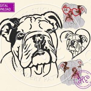English Bulldog Embroidery Design, Embroidery Pattern For Machine, Cute Pet Face Animal, Color Design, Dog Face Heart, Pes Dst Jef Hus File