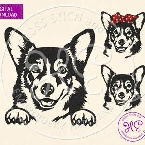 Könnte beinhalten: Schwarzes und weißes digitales Stickmuster eines Corgi-Hundes, der über eine Oberfläche schaut. Der Corgi schaut den Betrachter mit einem glücklichen Ausdruck an. Es gibt zwei weitere Bilder des Corgis, eines mit einem rot-weiß gepunkteten Bandana. Der Text "Cross Stitch and Embroidery Patterns" ist in der rechten unteren Ecke sichtbar.