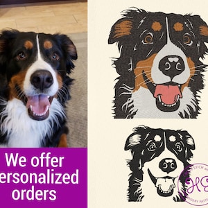 Puede incluir: Un dise&ntilde;o de bordado digital de un perro de monta&ntilde;a bern&eacute;s con pelaje marr&oacute;n, negro y blanco. El perro est&aacute; sonriendo con la lengua fuera. El dise&ntilde;o es perfecto para crear retratos de mascotas personalizados.