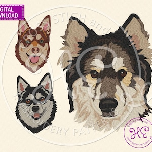 May include: Digital download embroidery pattern featuring three dog portraits. The designs include a brown and white dog with its tongue out, a black and white dog, and a large dog with brown, black, and white fur. The words "DIGITAL DOWNLOAD" are in a purple rectangle.
