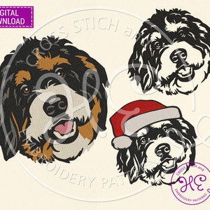 May include: Three digital embroidery patterns of a Bernese Mountain Dog wearing a Santa hat. The dog is depicted in a cartoon style with a happy expression.
