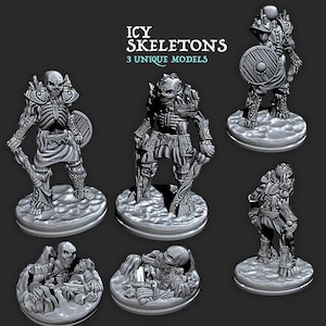 May include: Three miniature skeletal figures with icy blue accents. Each figure is posed in a different action, including standing, kneeling, and lying down. The figures are made of a grey material and are set on a grey base.