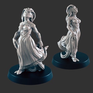 May include: A gray painted miniature figurine of a female humanoid with pointed ears, wearing a flowing gown and standing on a black base.