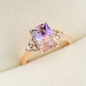 2ct Bolivian Ametrine Antique Cushion Cut Ring with Champagne Diamond and Amethyst Accents 14k rose gold setting, Vintage engagement ring