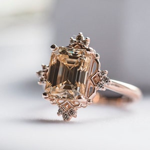 4ct Antique Emerald Cut Moissanite Ring with Vintage Halo, Vintage engagement ring, rose gold ring, gold Diamond ring, antique ring, elegant