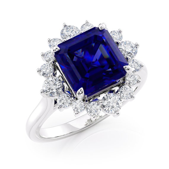 Blue Sapphire Ring with diamond halo Vintage engagement ring sapphire ring blue sapphire engagement ring sapphire and diamond ring Etsy