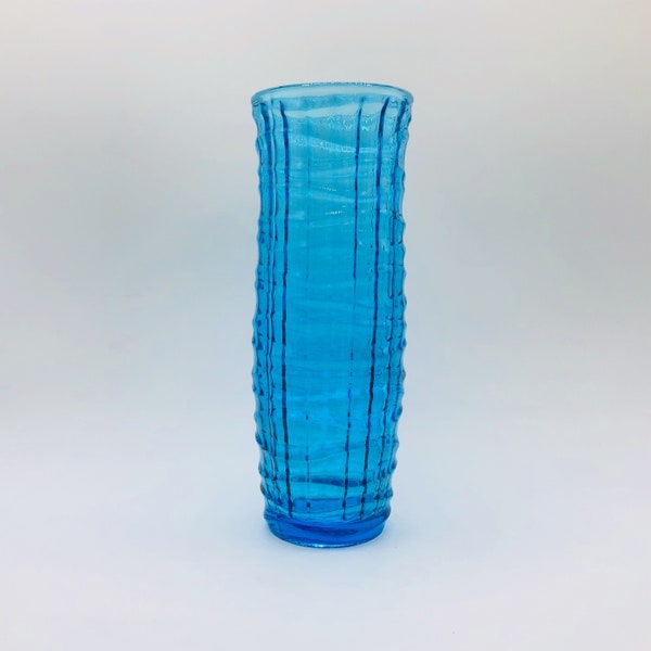 Mid-Century Optical glass vase JS DROST |Cylindrical Kingfisher Blue Glass Vase with Molded Wavy Patterns | Polish