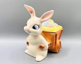 Whimsical Vintage EASTER Ceramic Bunny Rabbit Pulling a Basket of Eggs | Lidded Container | Hand Painted