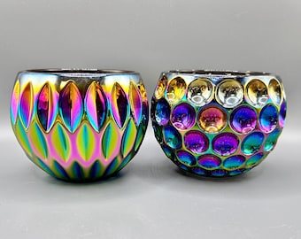Portacandele vintage iridescenti e vivaci / Cerchi e diamanti / Effetto macchia d'olio / Aurora boreale