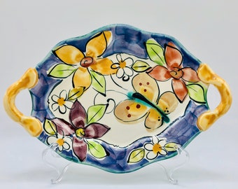 Beautiful Handmade Majolica Mini Platter Studio Pottery Richard Mund multi colour butterfly and flowers signed