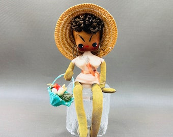 Sassy Doll with a Basket of Fruit | Vintage Poseable Doll Figurine with Hat and Fabulous Eyebrows | Cinched Waist