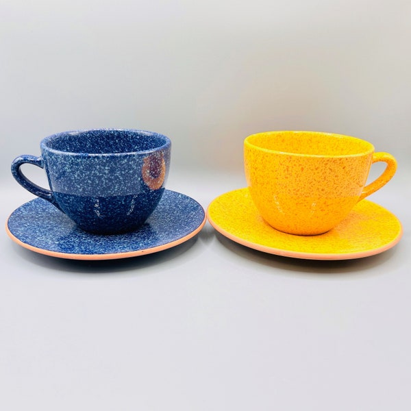 Vintage Molde Portugal Giant Teacups and Saucers | 2 Sets | Bold Orange Set | Cobalt Blue Set