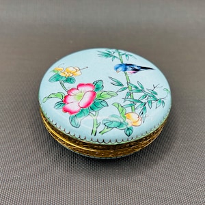 Vintage Enamel Cloisonne Lidded Box | Flowers and Blue Bird | Jewellery Box | Trinket Box