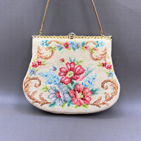 Vintage 1940s Cross Stitch Handbag | Sand-Colored Beauty with Floral Elegance | Golden Closure | Pink Interior