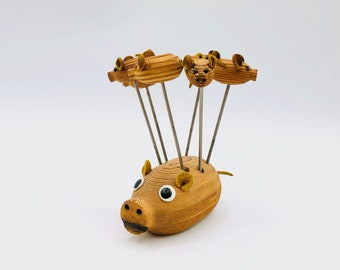 Vintage Wood PIG with Piglet Picks for Appetizer Hors D'oeuvres | Cocktail Sticks | Korea