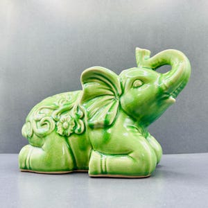 Vintage Green Glazed Baby Elephant Figurine | Floral Motif | Ceramic
