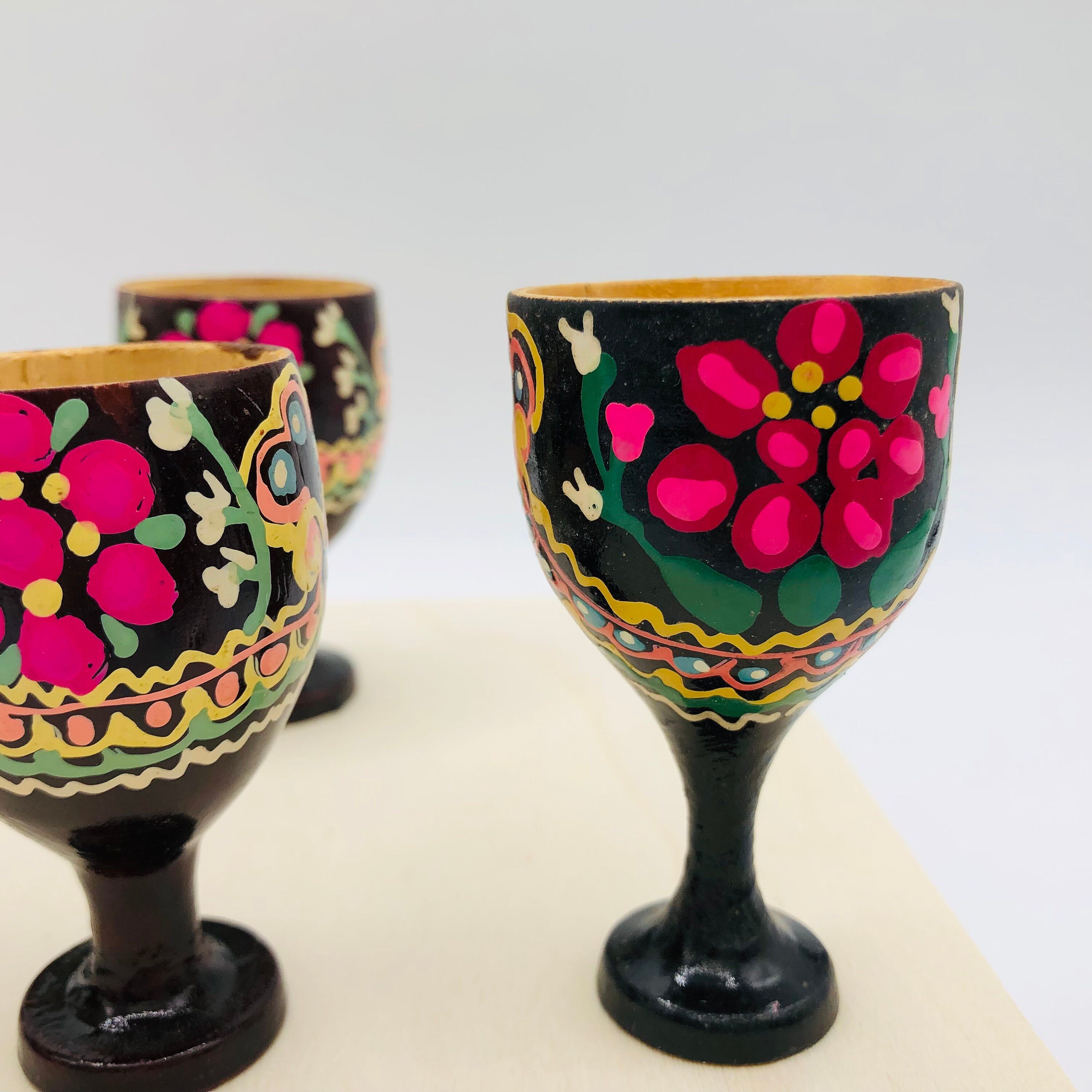 A Pair of Vintage Wood and Pastic Egg Cups, Hand Painted, Single Egg Cups,  Floral Motif, Wooden Base 