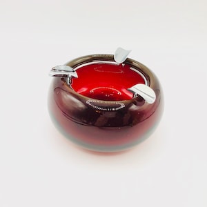 Mid Century Modern Ruby Red Glass Ashtray with Metal Insert | Whitefriers Ronson