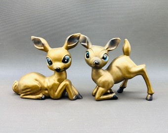 Vintage 1960 Gold Deer Fawn Duo | Captivatingly Cute with Anthropomorphic Blue Eyes | Hong Kong