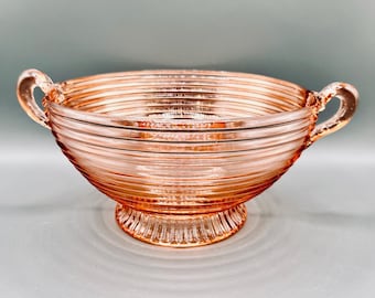Duża, zabytkowa, różowa, żebrowana misa na owoce w kształcie kotwicy Hocking Manhattan | Lata 40. XX wieku | Styl art déco