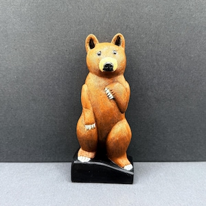 Shy Little Bear | Hand-Carved Wooden Folk Art Figurine | Signature Tom Jones