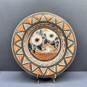 Vintage Tonala polierte Keramik Platte | 12&quot; Handbemalt | Vogel & Blumen | Erdtöne