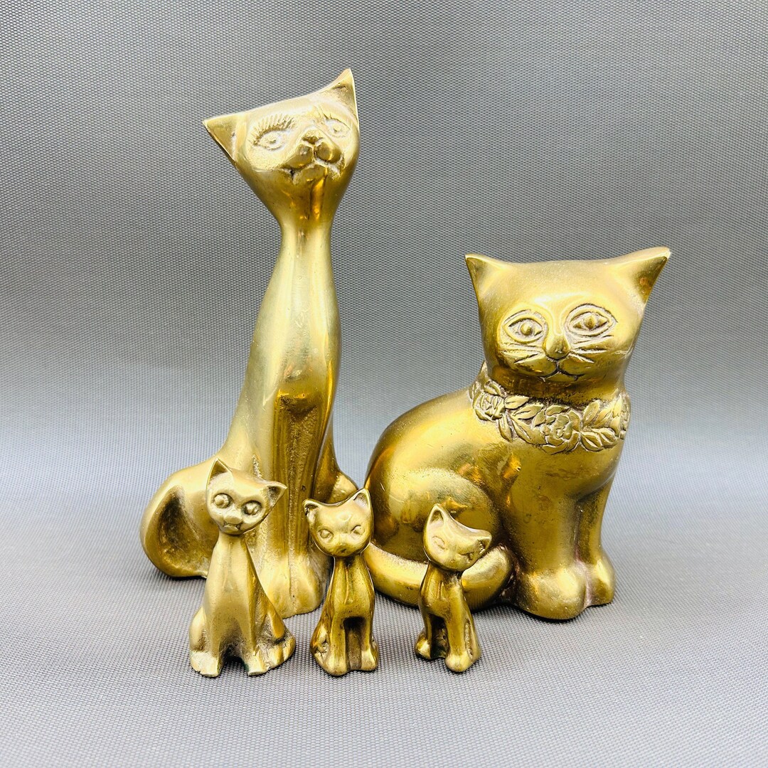Vintage Brass Cat Family Two Large Cats and Three Little Ones Perfect